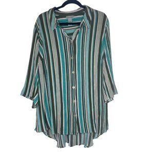 Catherines Button-Front Tunic Top Womens 2X 22/24W Striped Roll Tab Sleeves Ligh
